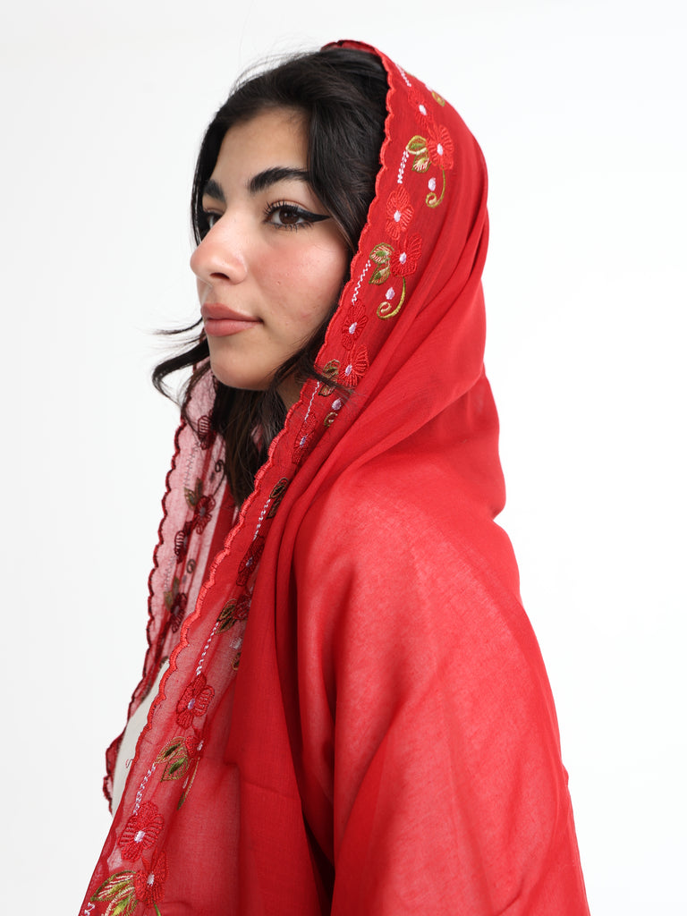 BD3-13 شيله مطرزة حمراء عريضة